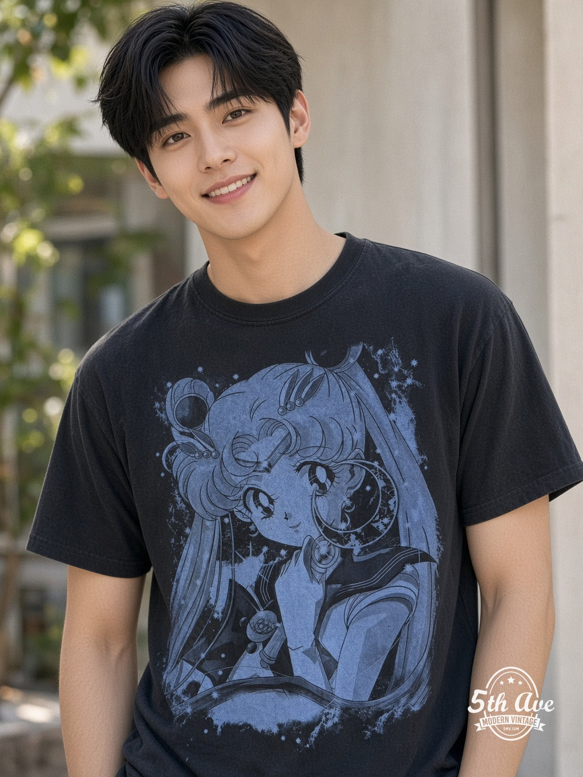 Model wearing Sailor Moon Wand Portrait Blue Mono vintage t-shirt
