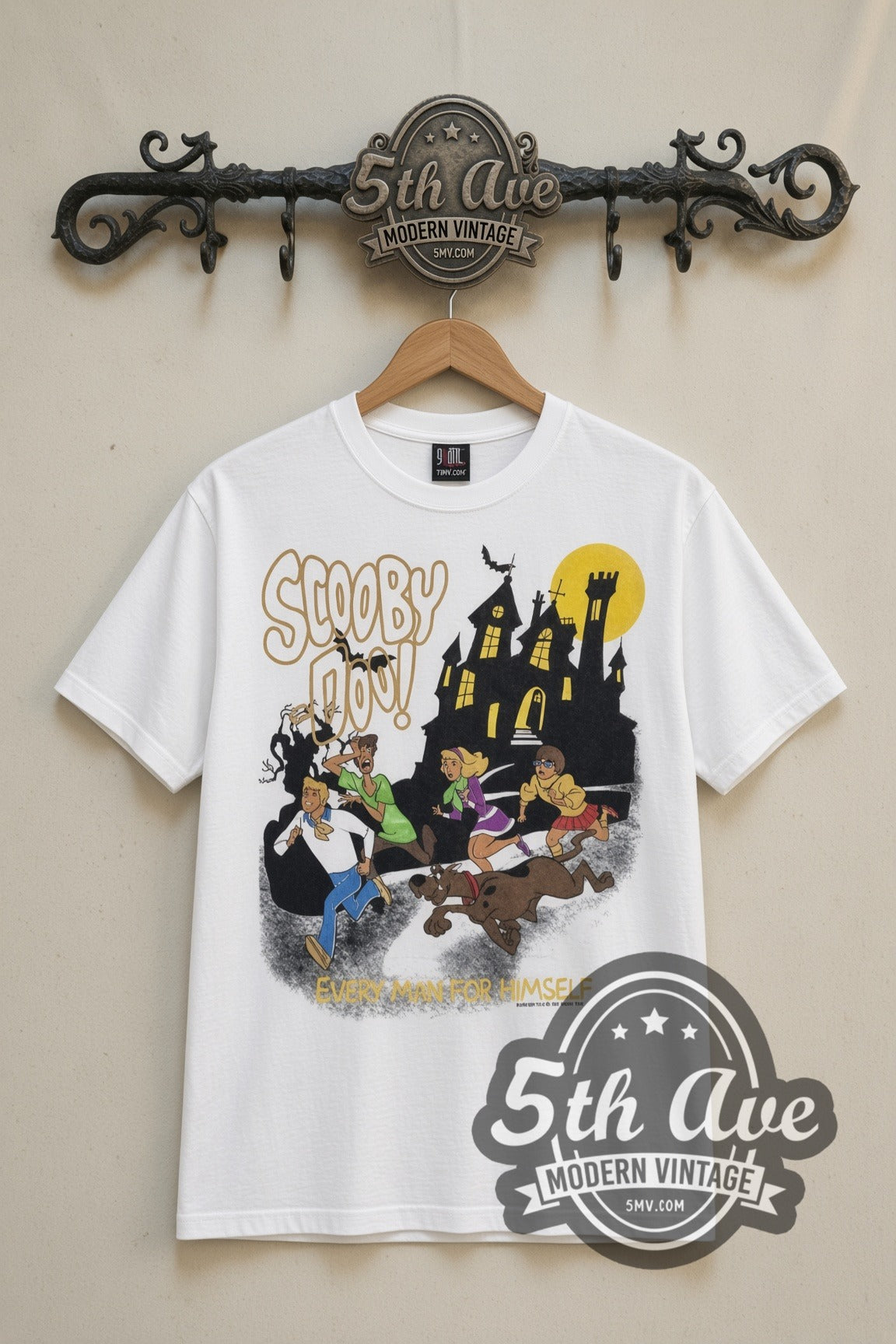 Scooby-Doo Every Man for Himself Haunted Mansion cartoon tee in white, front view on a display rack