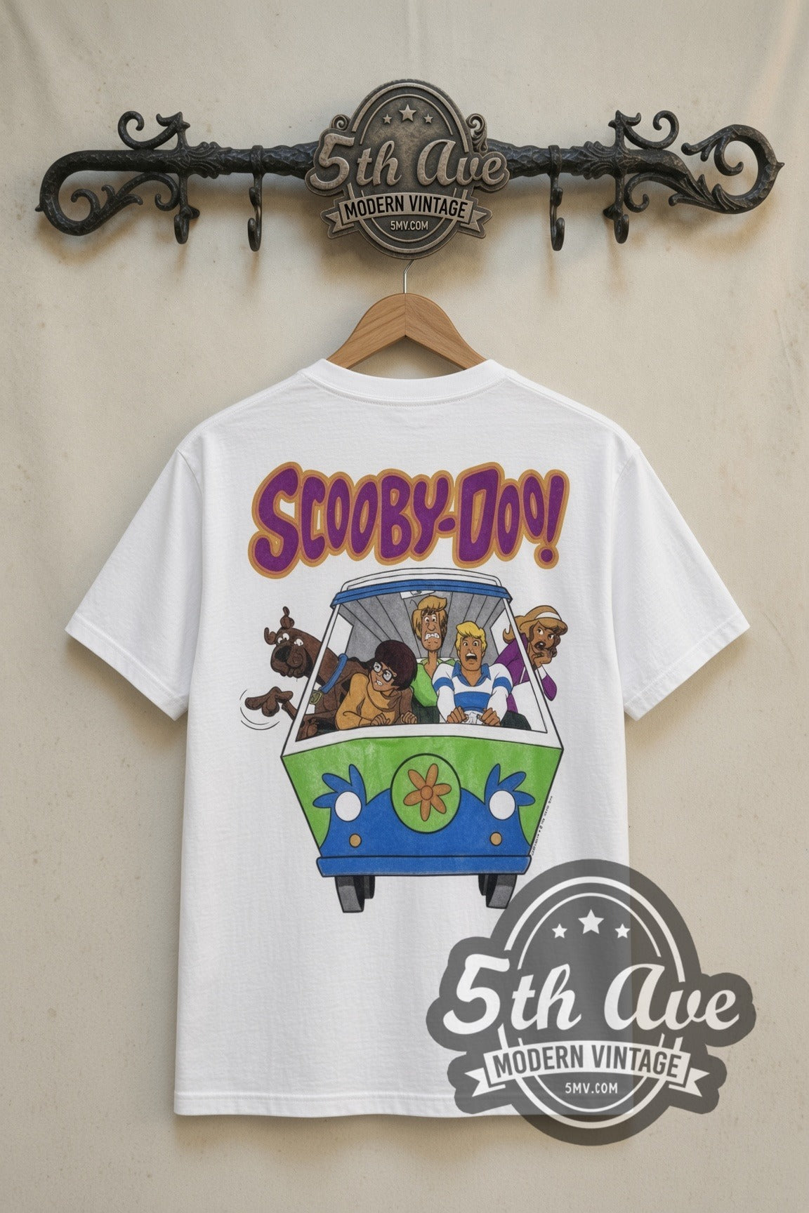 Scooby-Doo Every Man for Himself Haunted Mansion cartoon tee in white, back view on a display rack