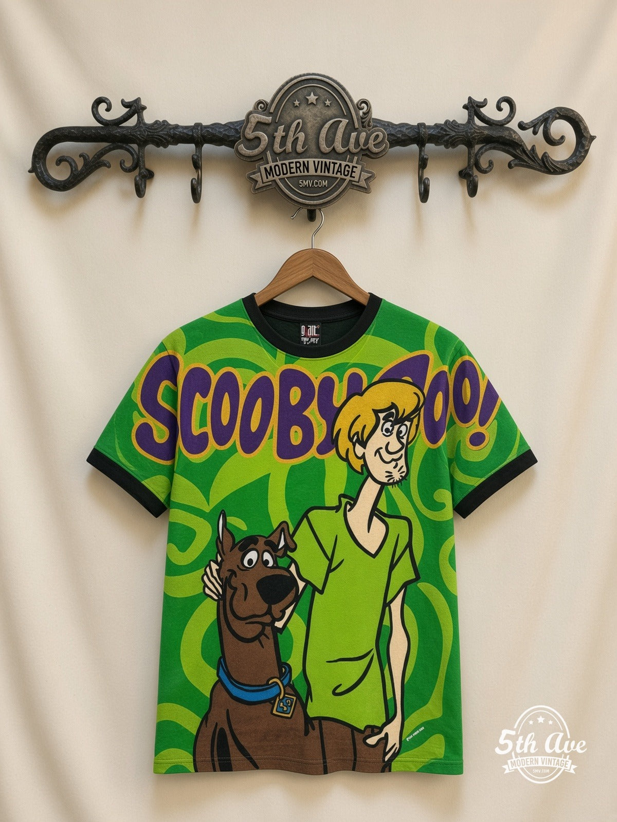 Scooby-Doo Scooby Shaggy Green Swirl all over print vintage cartoon t-shirt front on cream 5th Ave rack