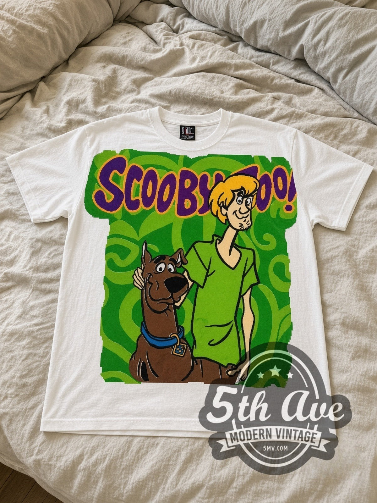 Scooby-Doo Scooby & Shaggy Green Swirl all-over-print vintage cartoon tee in white laid flat