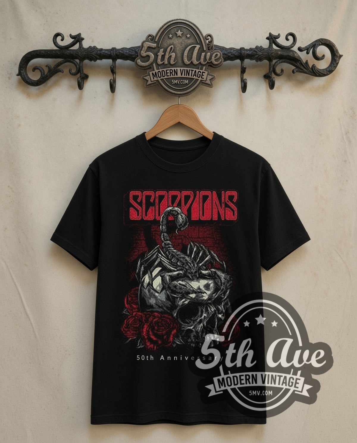 Scorpions 50th Anniversary Scorpion on Skull double stitched black vintage band tee front on the 5MV rack