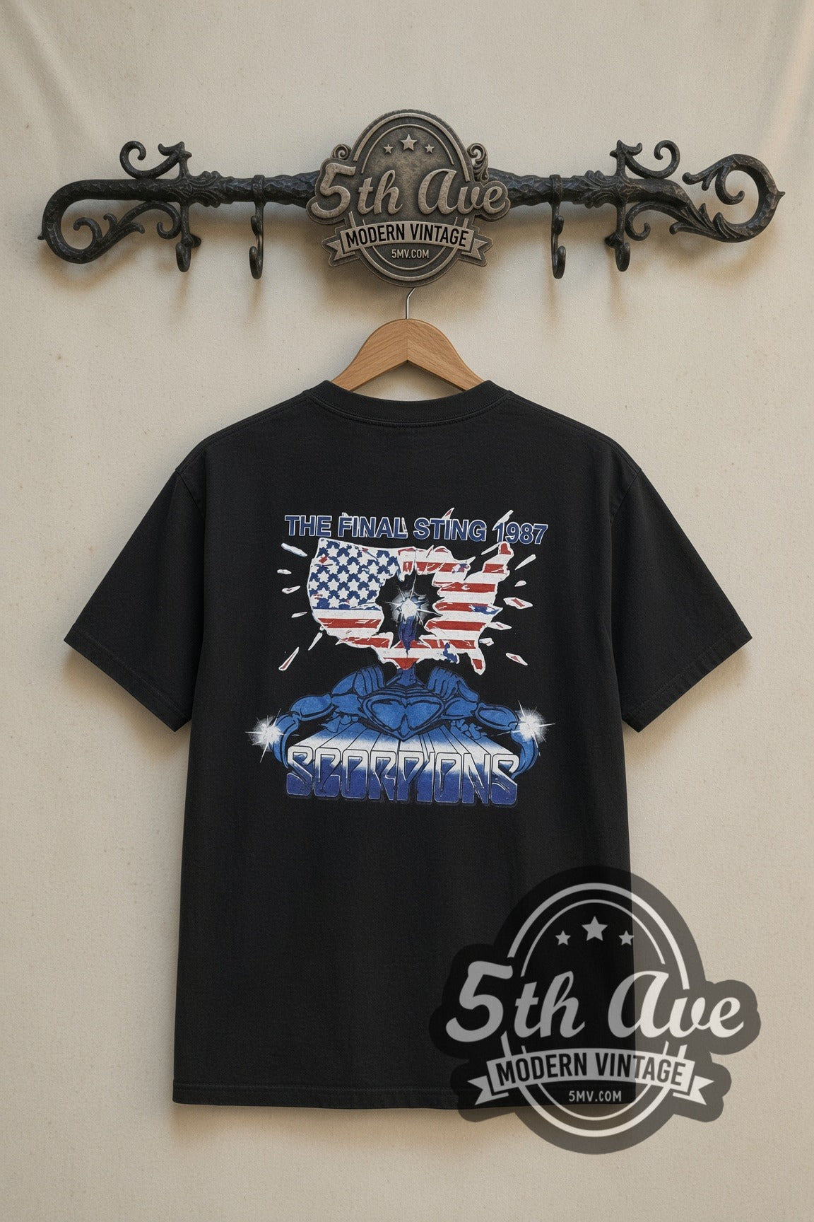 Scorpions Blackout Final Sting 1987 band t-shirt in black, back view on a display rack