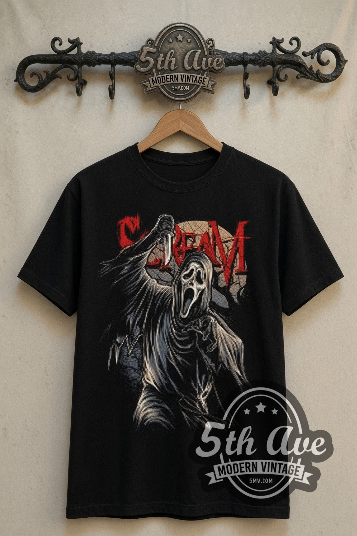 Scream Ghostface double stitched black tee front on dark iron 5th Ave rack
