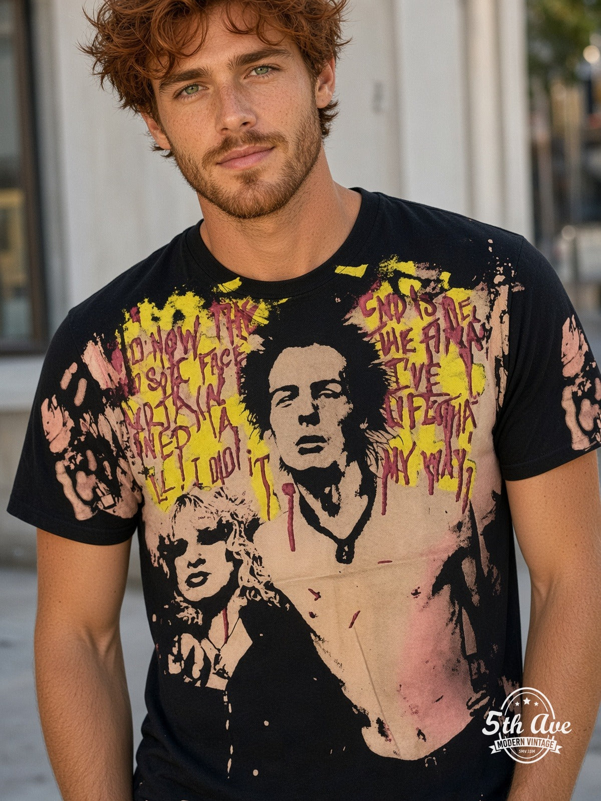 Sex Pistols Sid Vicious Nancy Spungen all over print vintage tee model wearing