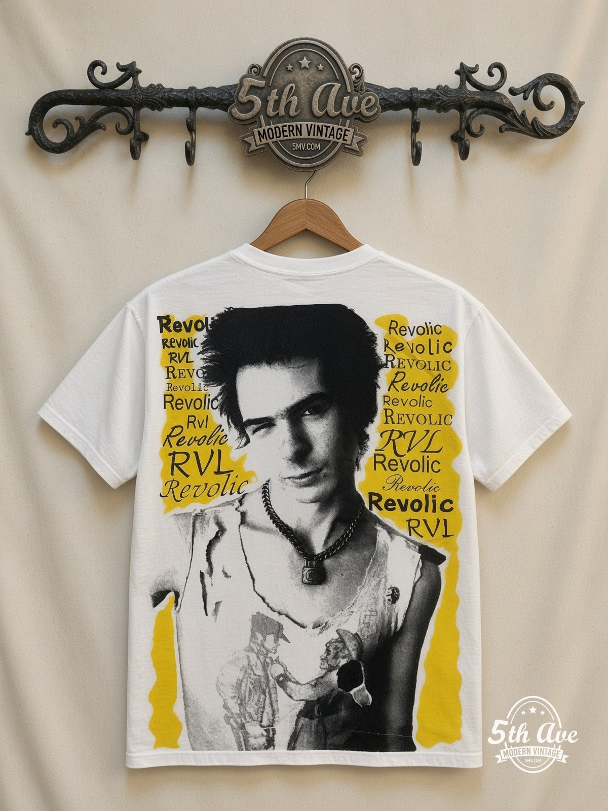 Sex Pistols Sid Vicious Revolic all over print vintage tee back on cream 5th Ave rack