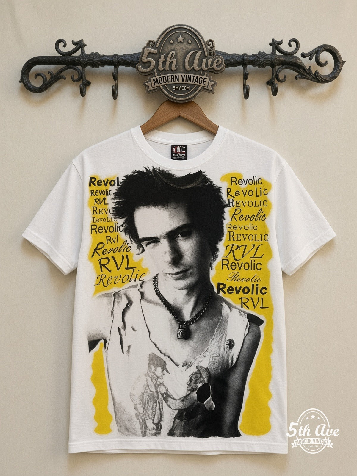 Sex Pistols Sid Vicious Revolic all over print vintage band t-shirt front on cream 5th Ave rack
