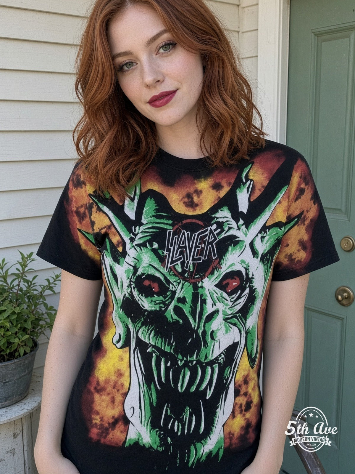 Slayer Demon Flames all over print vintage tee model wearing