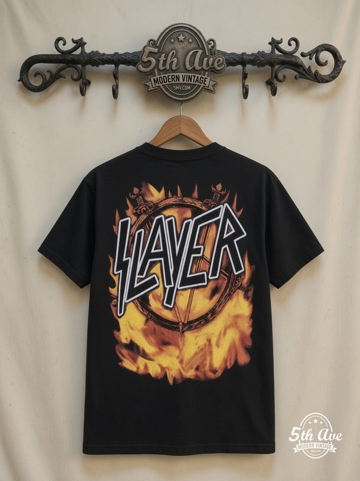 Slayer Demon Flames all over print vintage tee back on cream 5th Ave rack