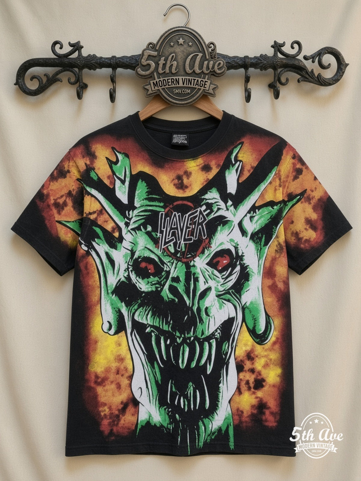 Slayer Demon Flames all over print vintage band t-shirt front on cream 5th Ave rack