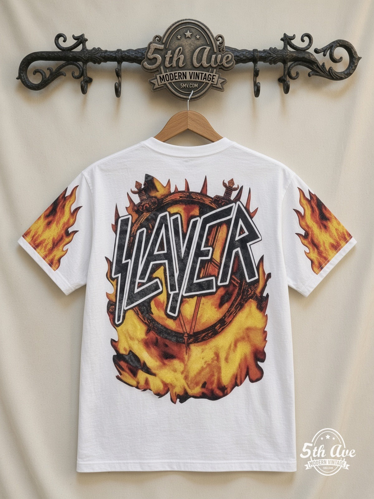 Slayer Demon Flames White all over print vintage tee back on cream 5th Ave rack