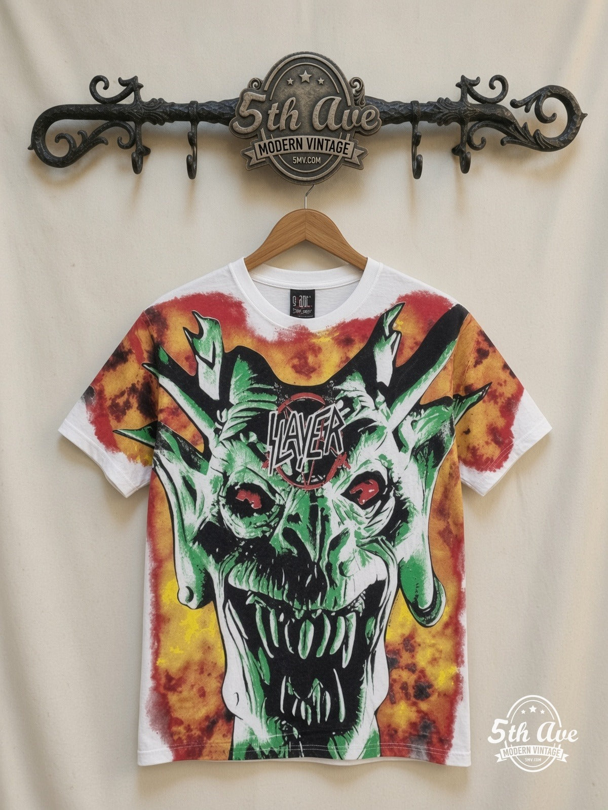 Slayer Demon Flames White all over print vintage band t-shirt front on cream 5th Ave rack