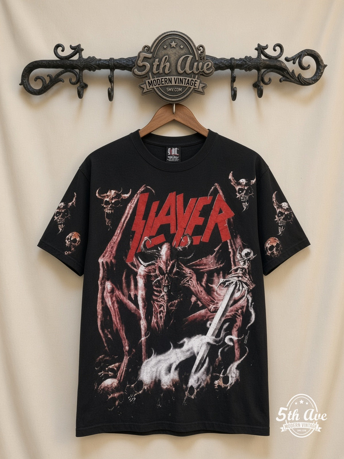 Slayer Skeletal Demons all over print vintage band t-shirt front on cream 5th Ave rack