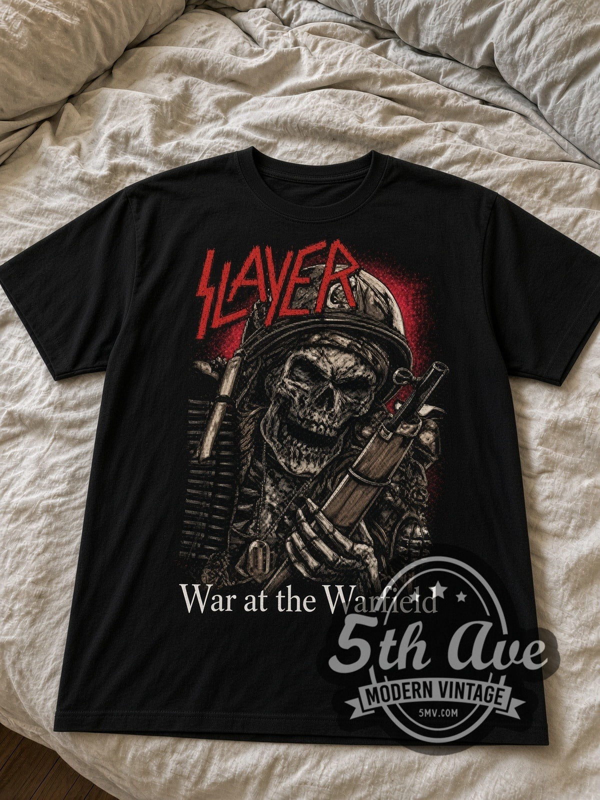 Slayer War at the Warfield Skeleton Soldier black graphic tee laid flat on linen bed