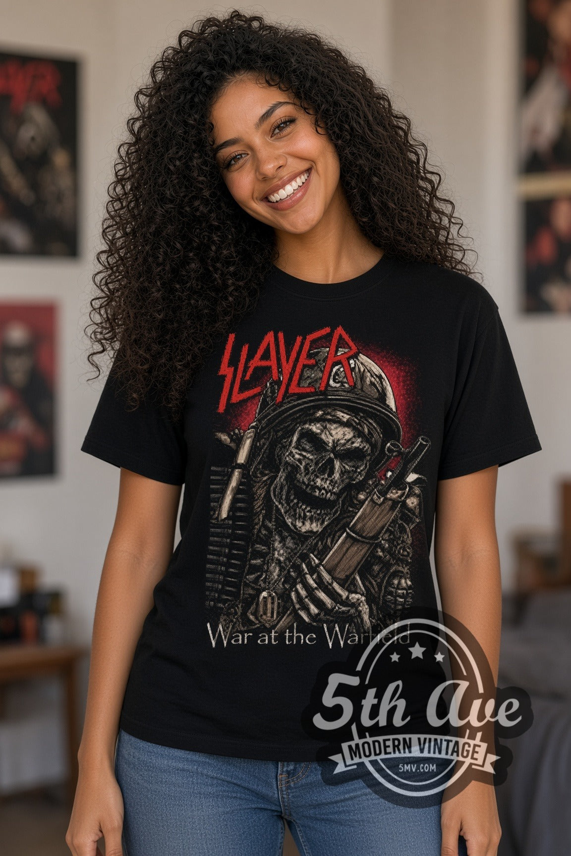 Woman wearing Slayer War at the Warfield Skeleton Soldier double stitched black graphic tee
