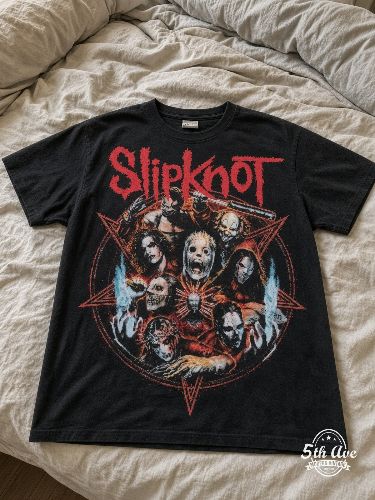 Slipknot Band Circle Nonagram Black all over print vintage tee laid on bed