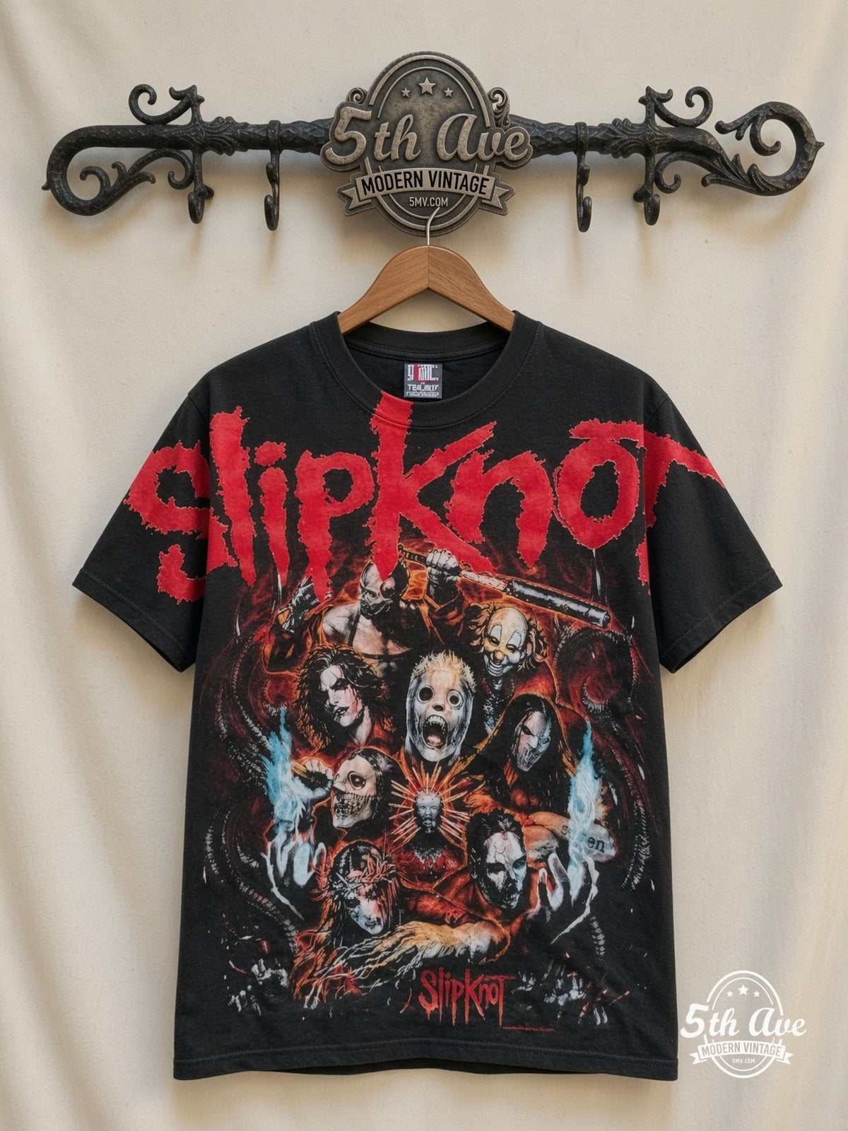 Slipknot Band Circle Nonagram Black all over print vintage band t-shirt front on cream 5th Ave rack