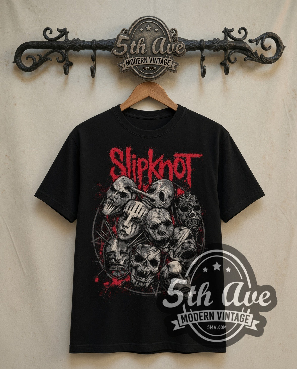 Slipknot Pile of Masks double stitched black tee front on dark iron 5th Ave rack