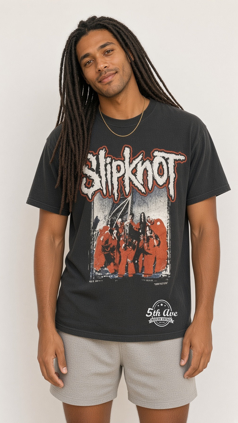 Model wearing Slipknot Red Jumpsuits Group Barcode vintage t-shirt