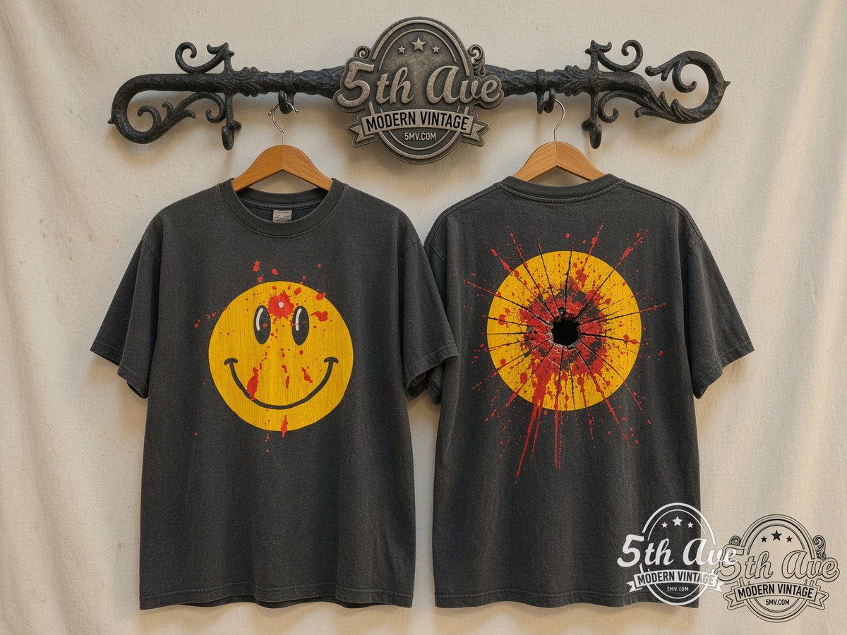 Smiley Face Bullet Hole vintage band t-shirt front and back on rack