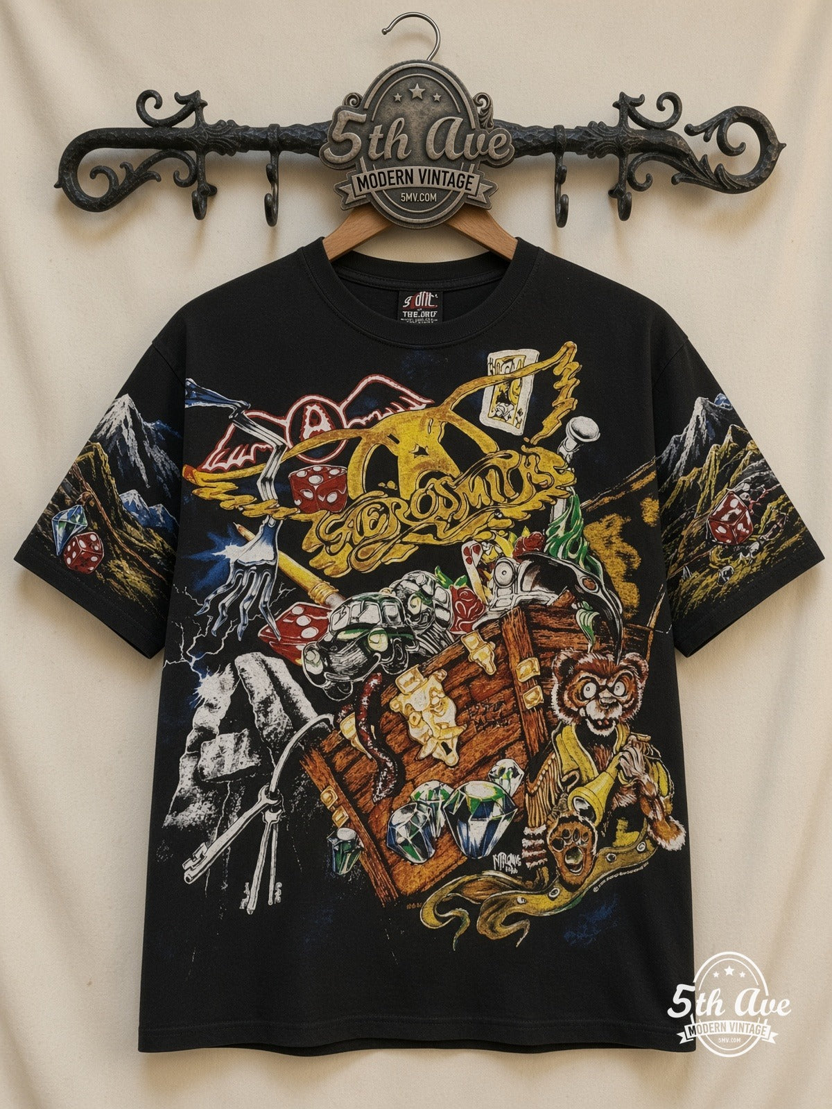 Social Distortion Skully Cards all over print vintage band t-shirt front on cream 5th Ave rack