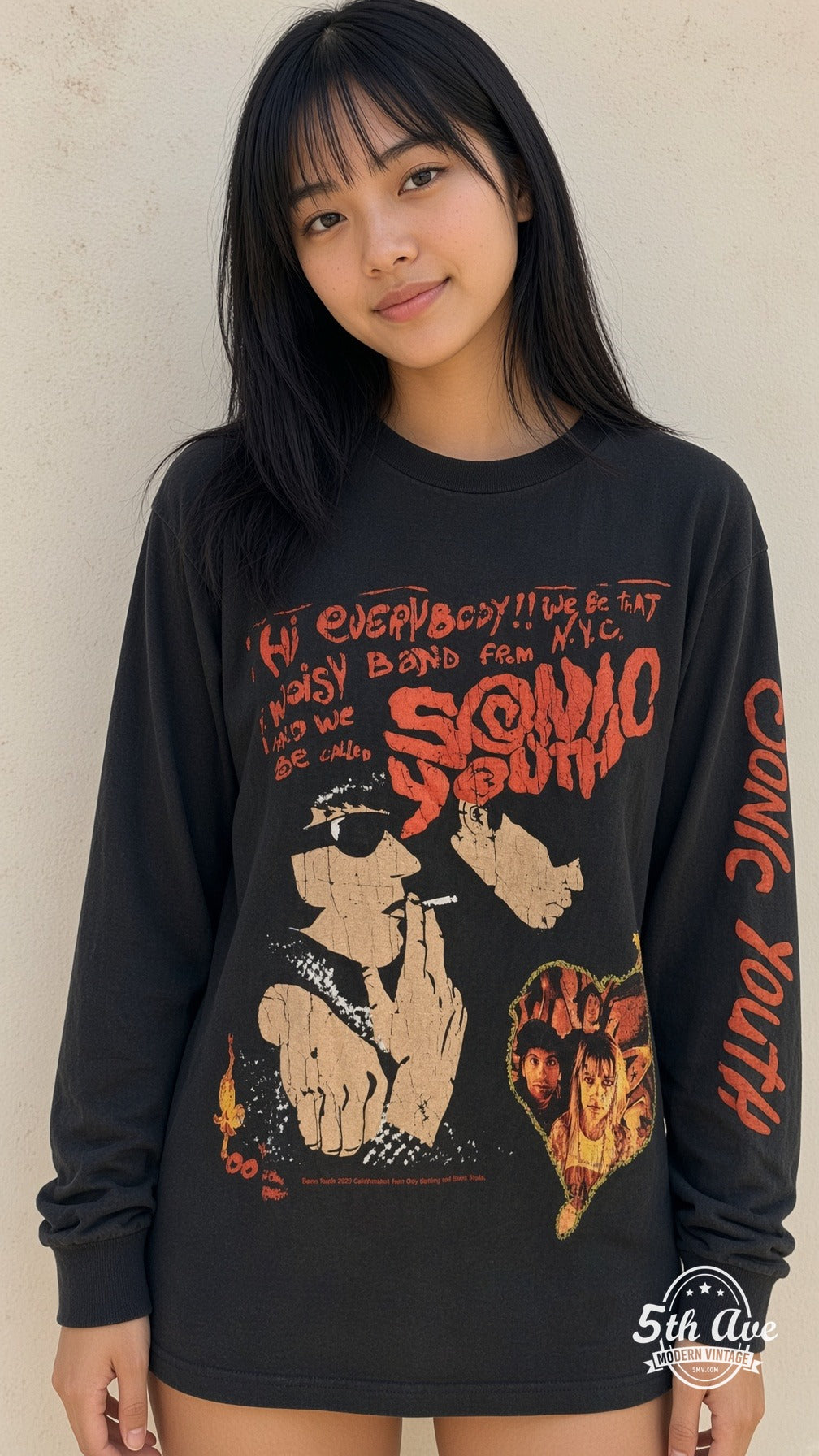 Model wearing Sonic Youth vintage band tee
