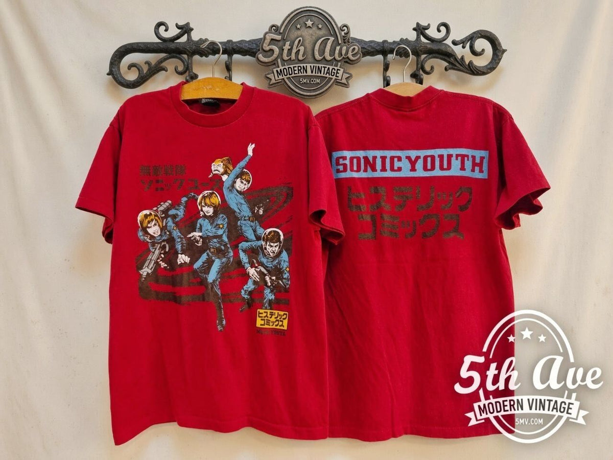 Sonic Youth red vintage band t-shirt front and back on rack