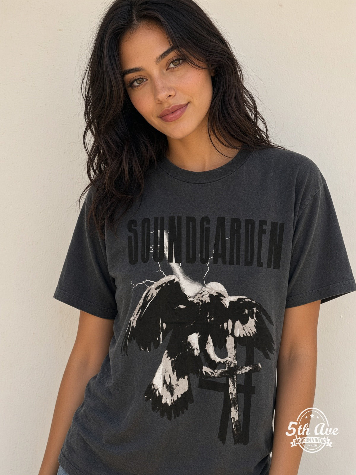 Model wearing Soundgarden Half Alive Raven Cross vintage t-shirt