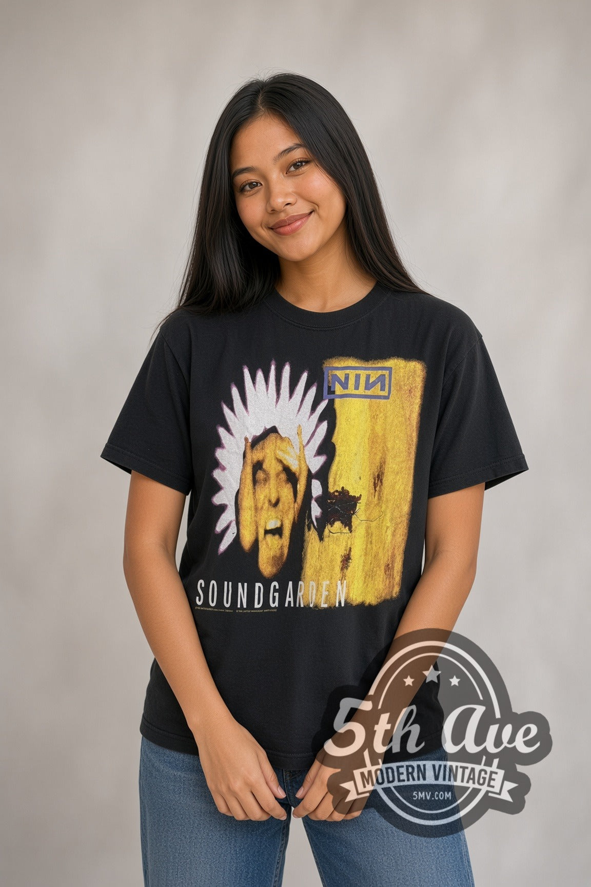 Woman wearing black Soundgarden & Nine Inch Nails Molson Park Barrie Aug 6 1994 vintage band t-shirt