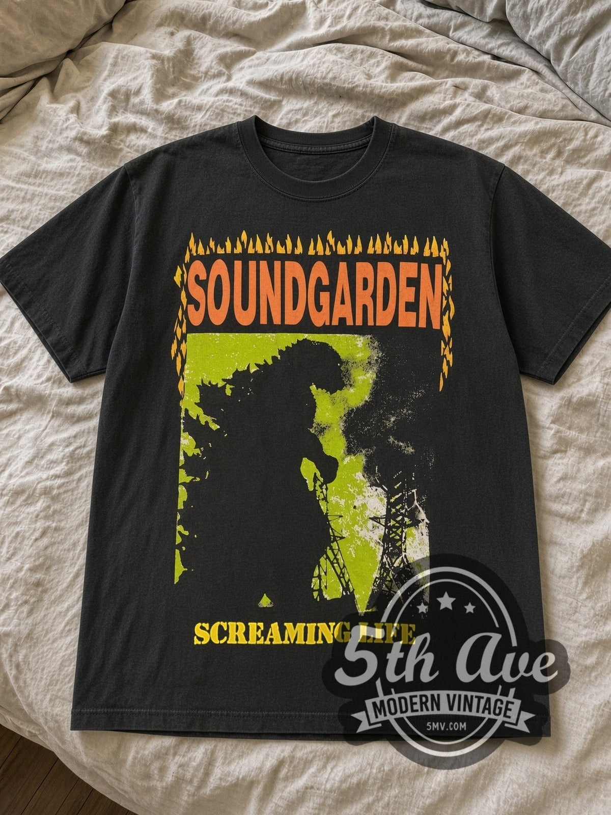 Black Soundgarden Screaming Life tee laid flat on linen bed