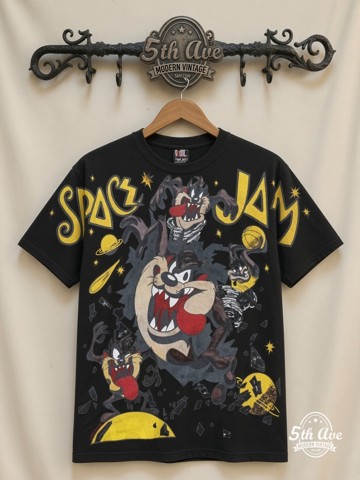 Space Jam Space Jam Taz Center all over print vintage cartoon t-shirt front on cream 5th Ave rack