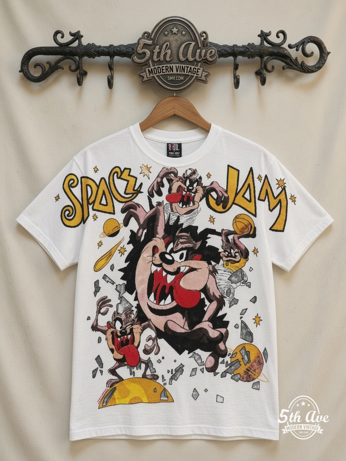 Space Jam Space Jam Taz Center all over print vintage cartoon t-shirt front on cream 5th Ave rack