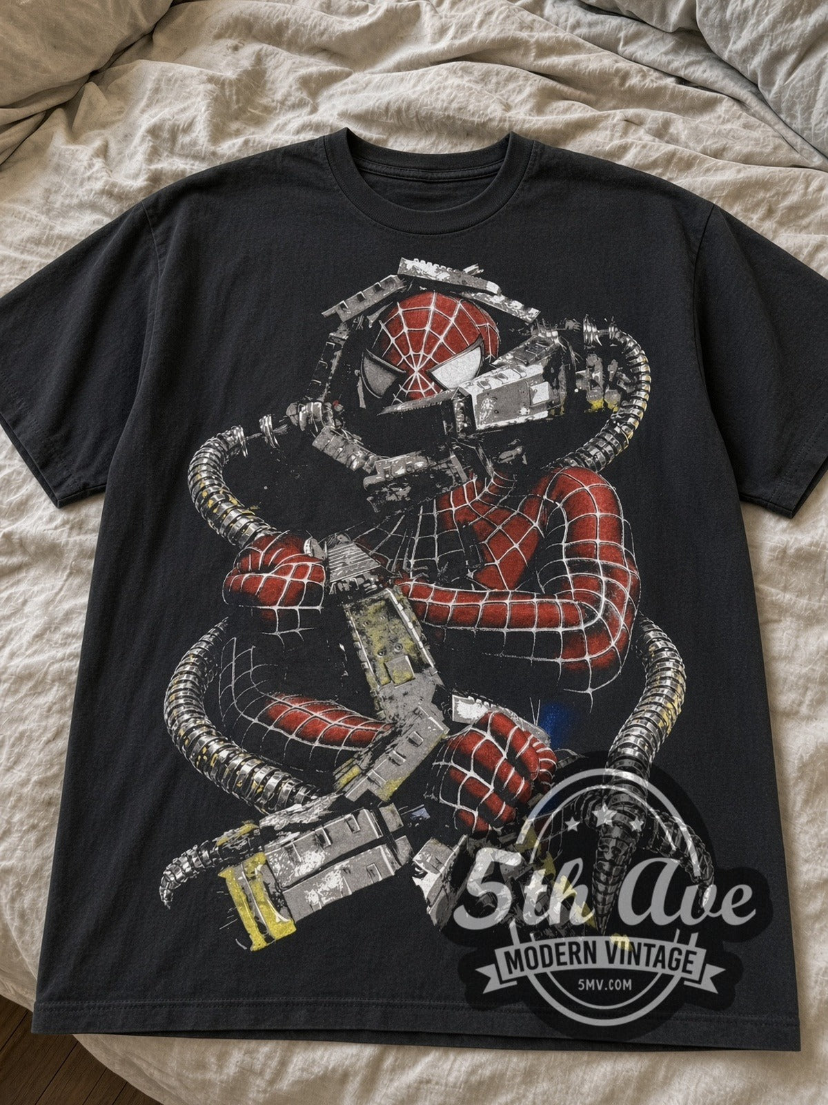 Black Spider-Man 2 Spidey vs Doc Ock Front & Back tee laid flat on linen bed