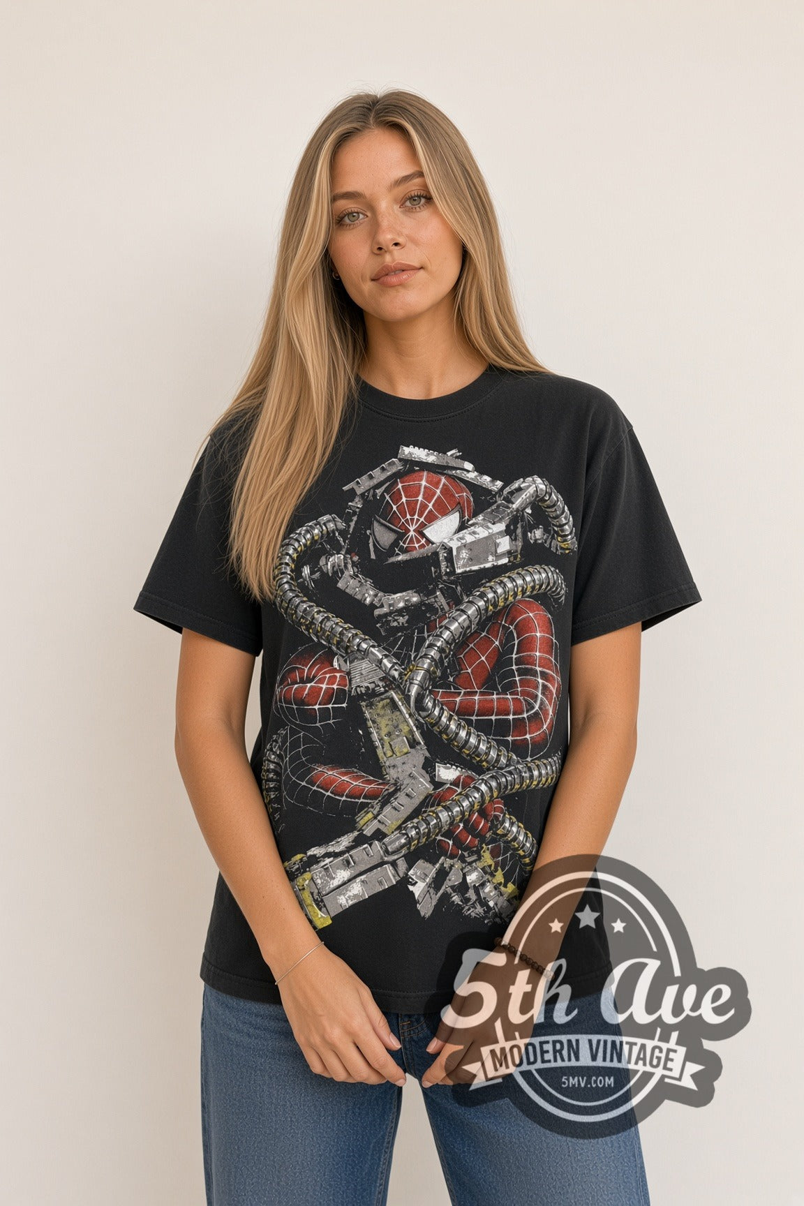 Woman wearing black Spider-Man 2 Spidey vs Doc Ock Front & Back vintage movie tee