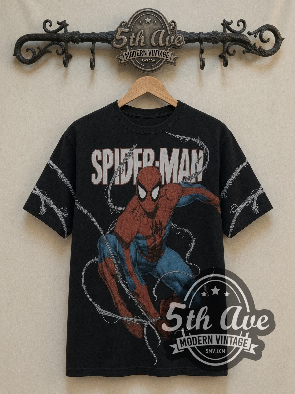 Spider-Man Crouching Pose Big Logo all-over-print vintage graphic t-shirt, front view on a display rack