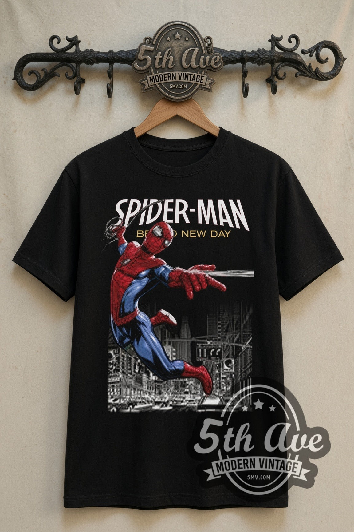 Spider-Man Brand New Day Web-Swinging double stitched black tee front on dark iron 5th Ave rack