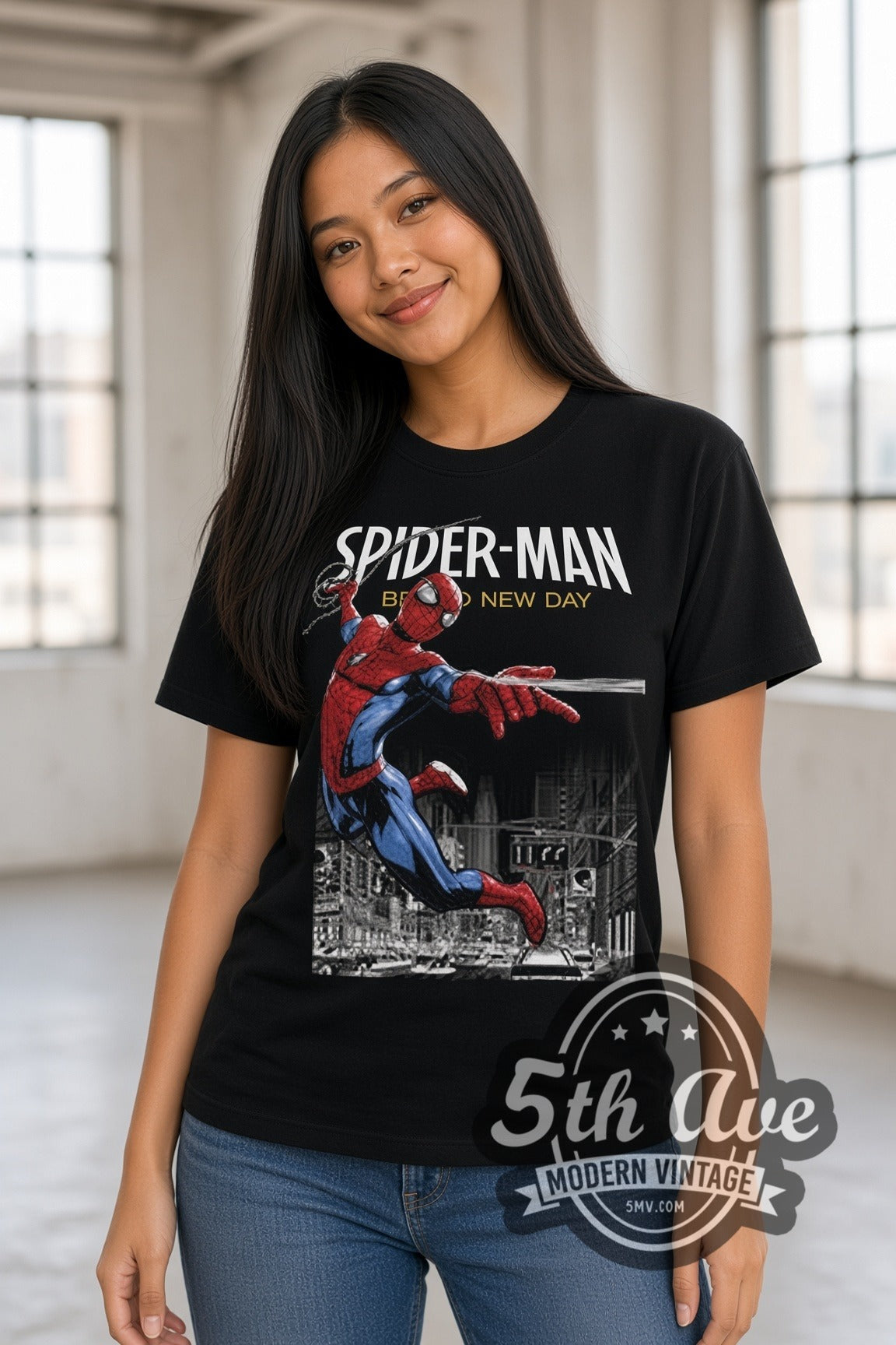 Woman wearing Spider-Man Brand New Day Web-Swinging double stitched black graphic tee