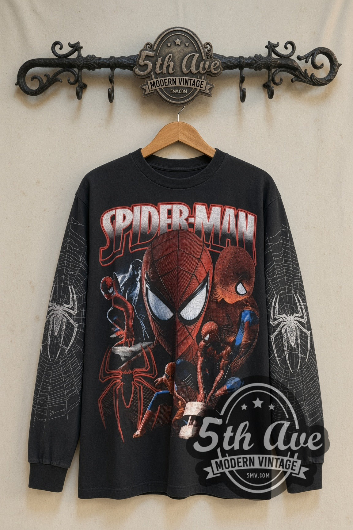 Spider-Man Face Collage & Web Sleeves vintage movie tee front on 5th Ave iron rack