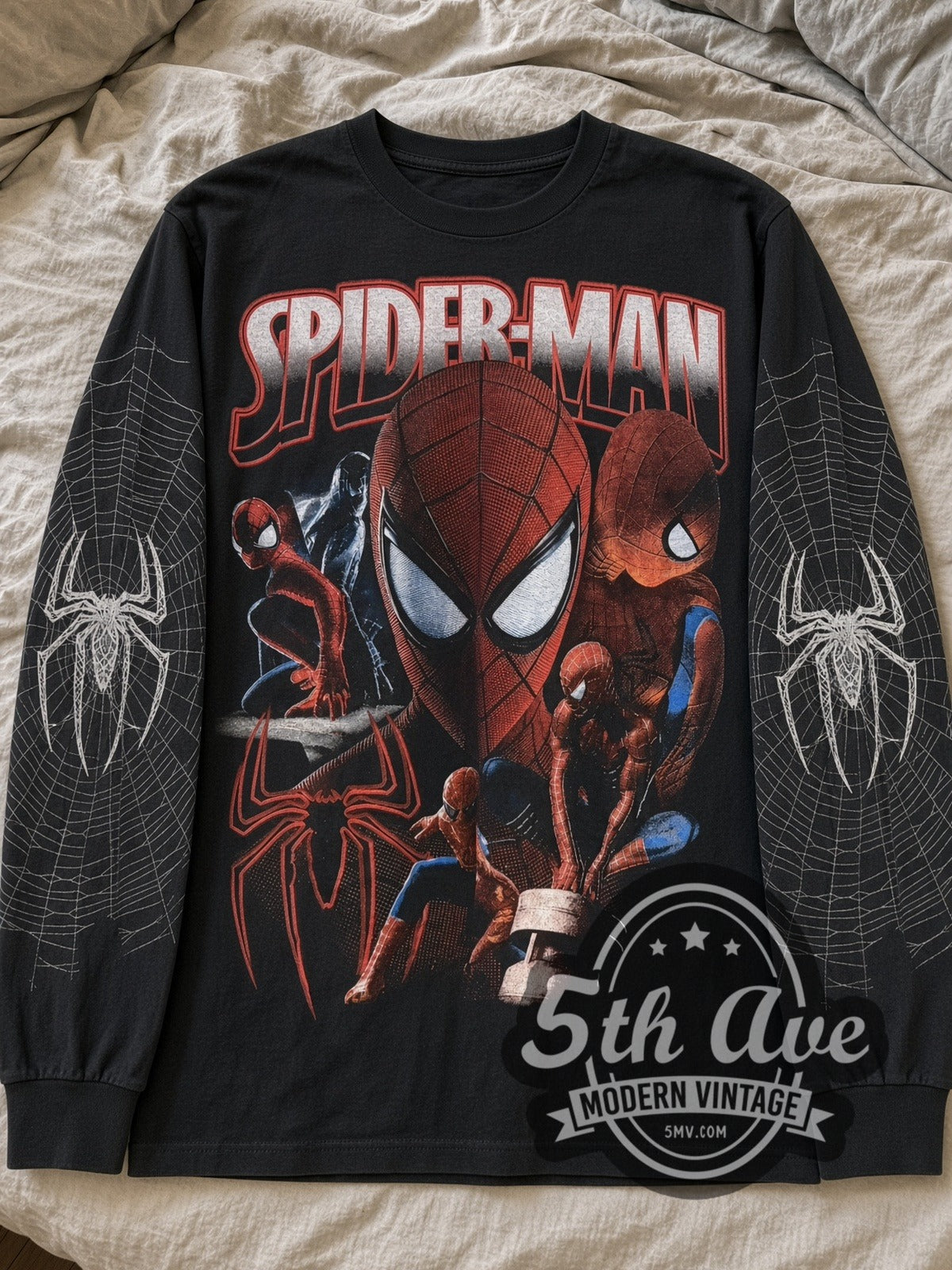 Black Spider-Man Face Collage & Web Sleeves vintage movie long sleeve tee laid flat on linen bed
