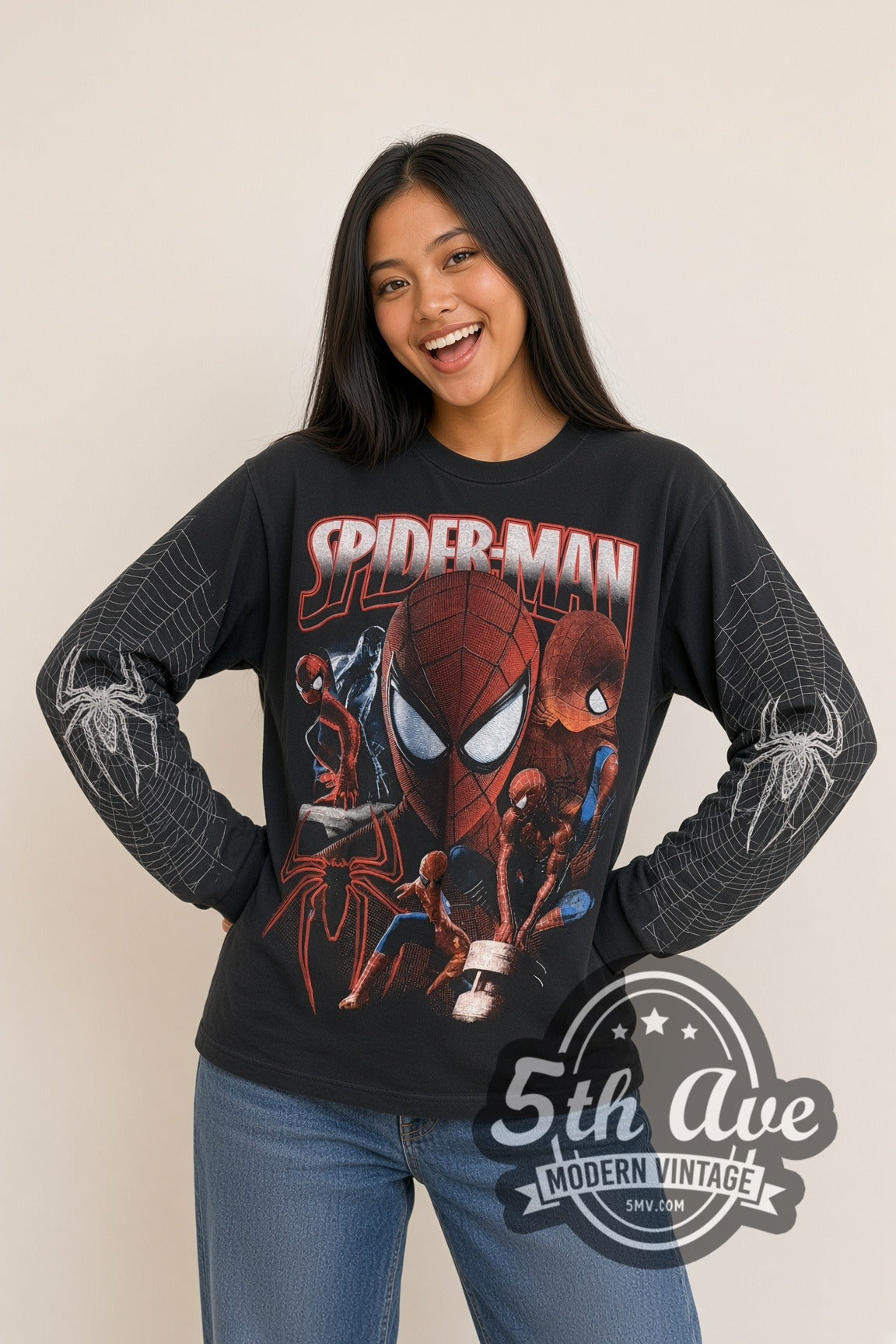 Woman wearing black Spider-Man Face Collage & Web Sleeves vintage movie tee
