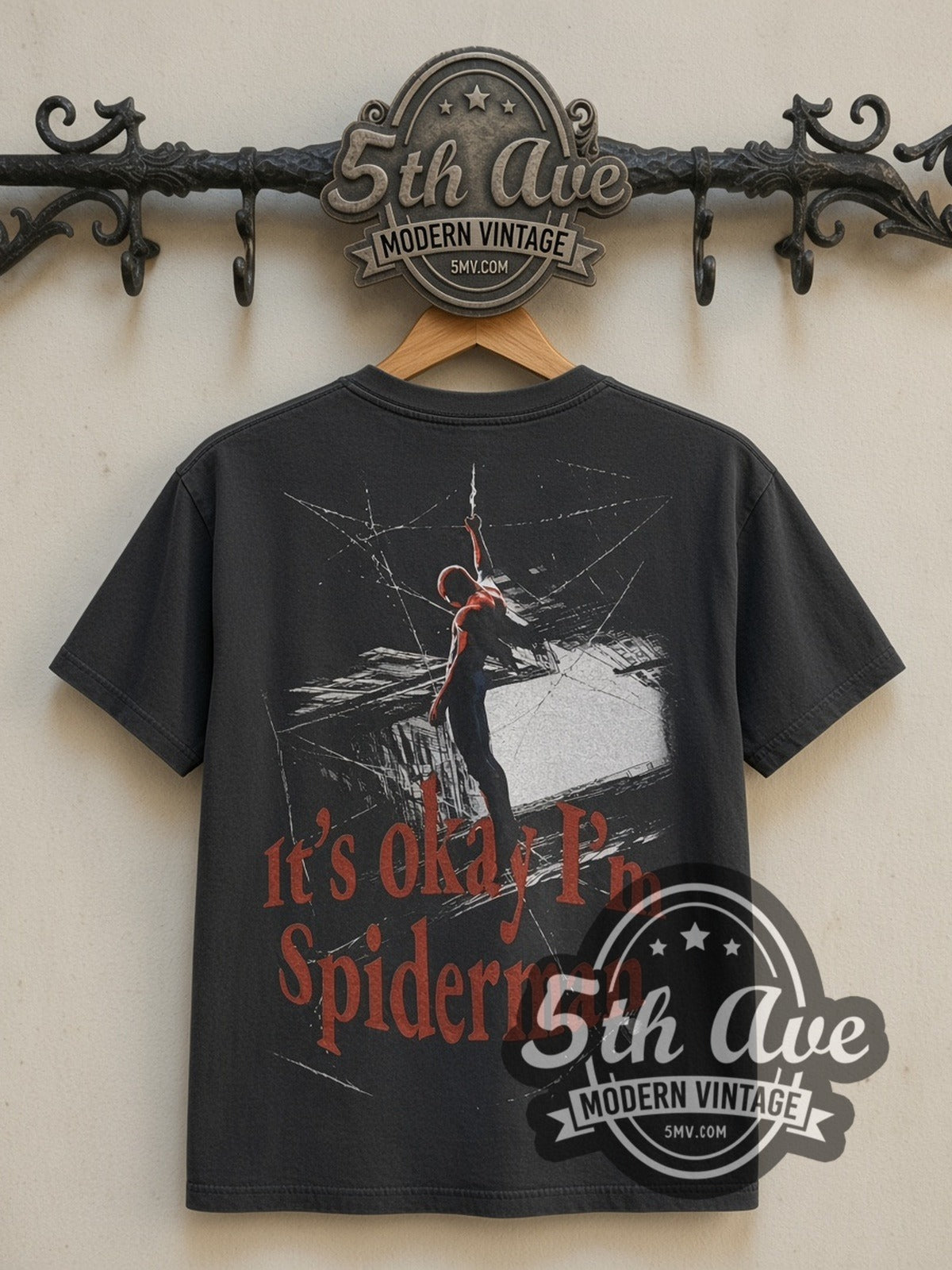 Back print of It's okay I'm Spiderman tee on the 5MV rack