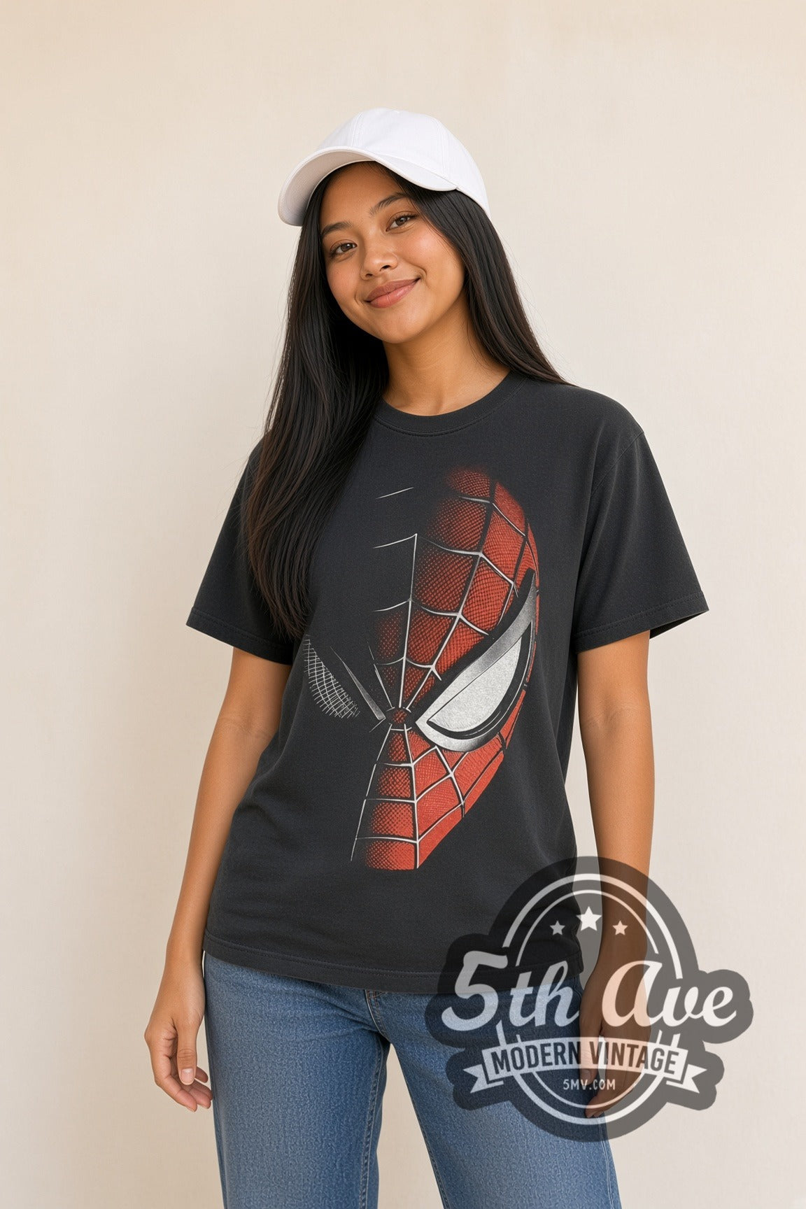 Woman wearing black Spider-Man vintage movie t-shirt