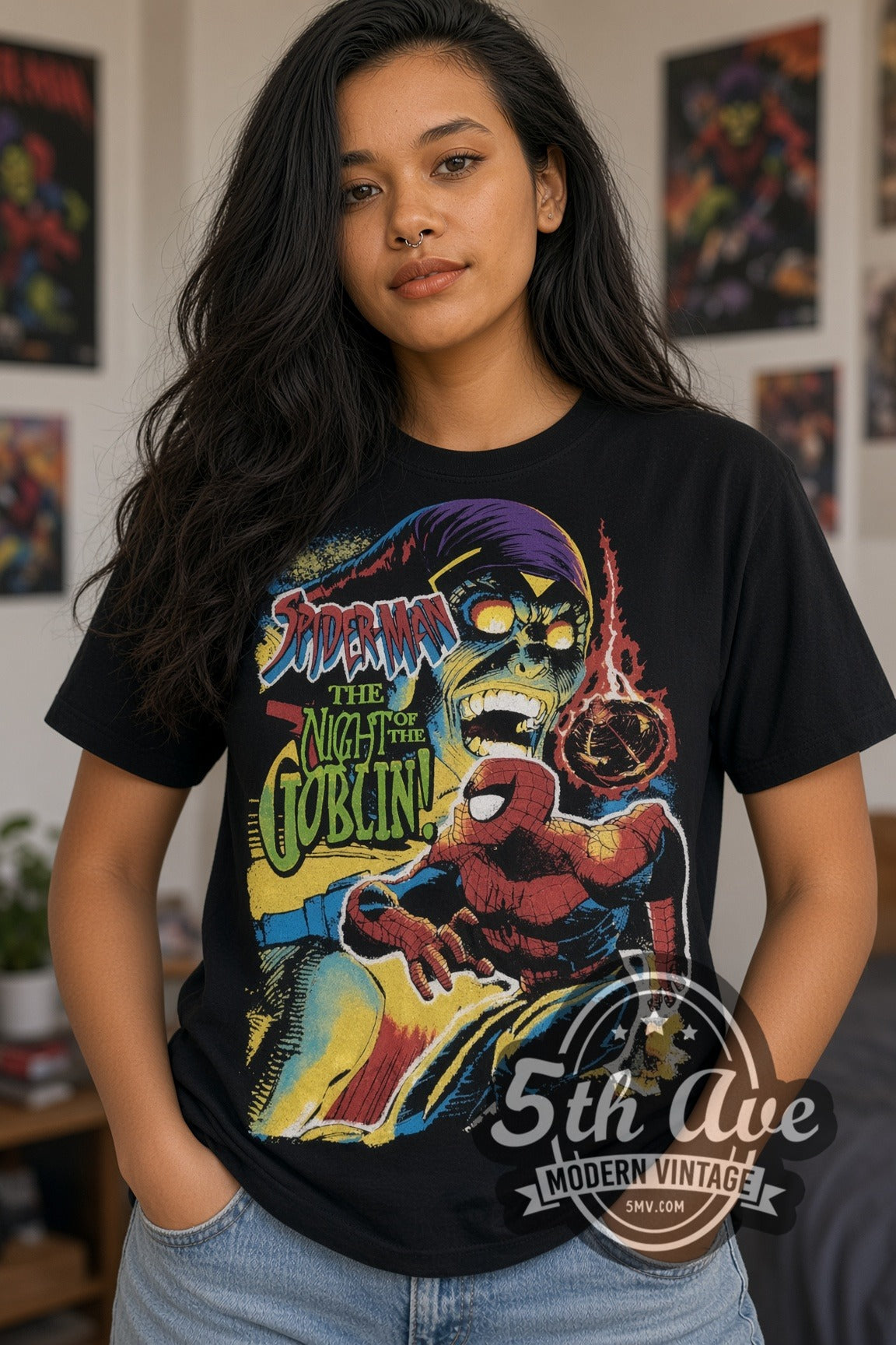 Model wearing the Spider-Man Night of the Goblin black graphic tee