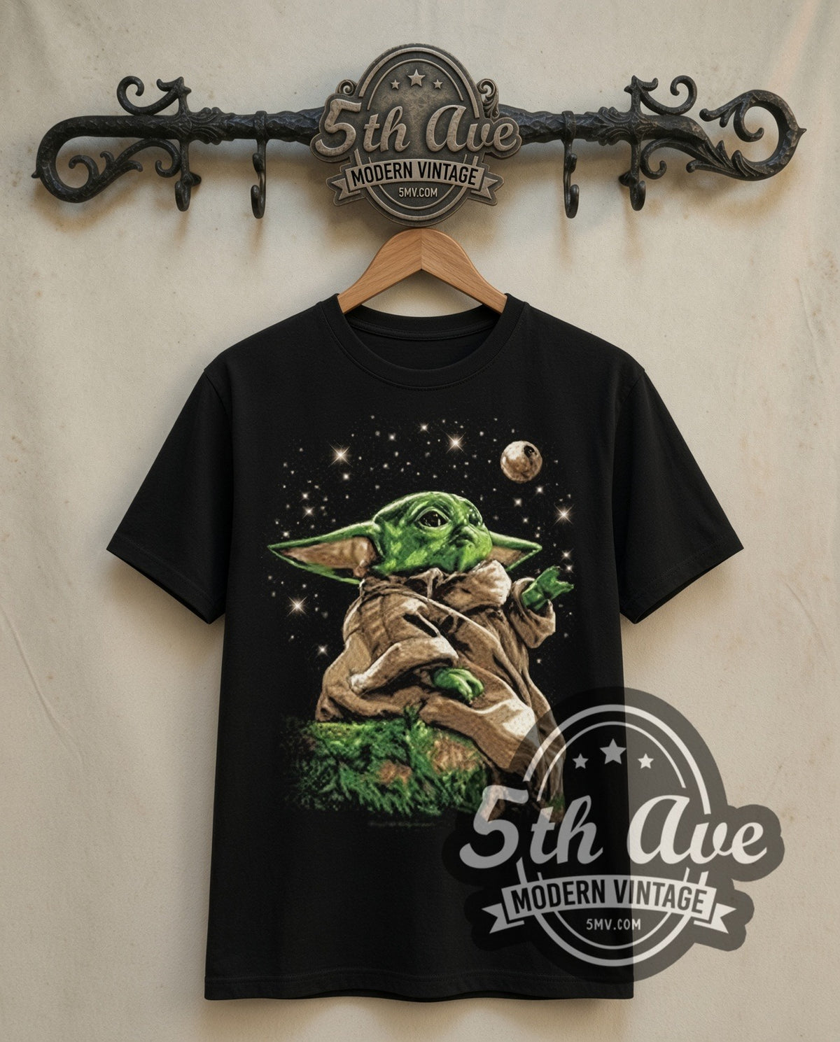 Star Wars Baby Yoda Grogu in Space double stitched black vintage TV tee front on the 5MV rack