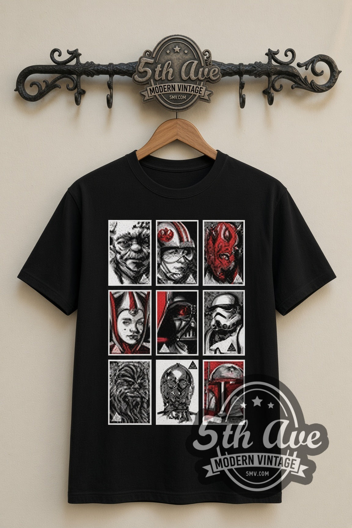 Star Wars Character Portrait Grid double stitched black tee front on dark iron 5th Ave rack