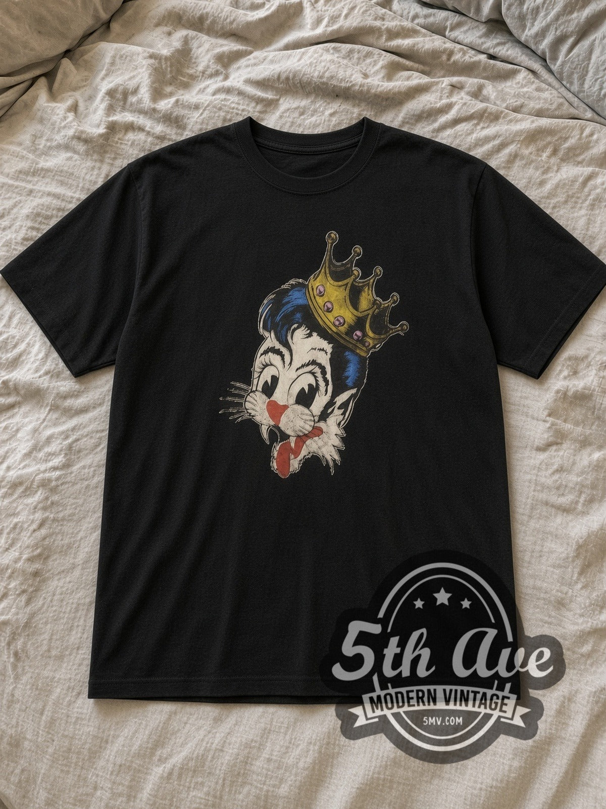 Black Stray Cats Crowned Blue Pompadour Cat Vintage Band T-Shirt laid flat on a linen bed