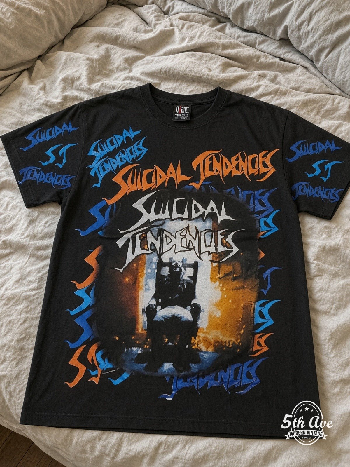 Suicidal Tendencies Logos Skeleton V2 all over print vintage tee laid on bed