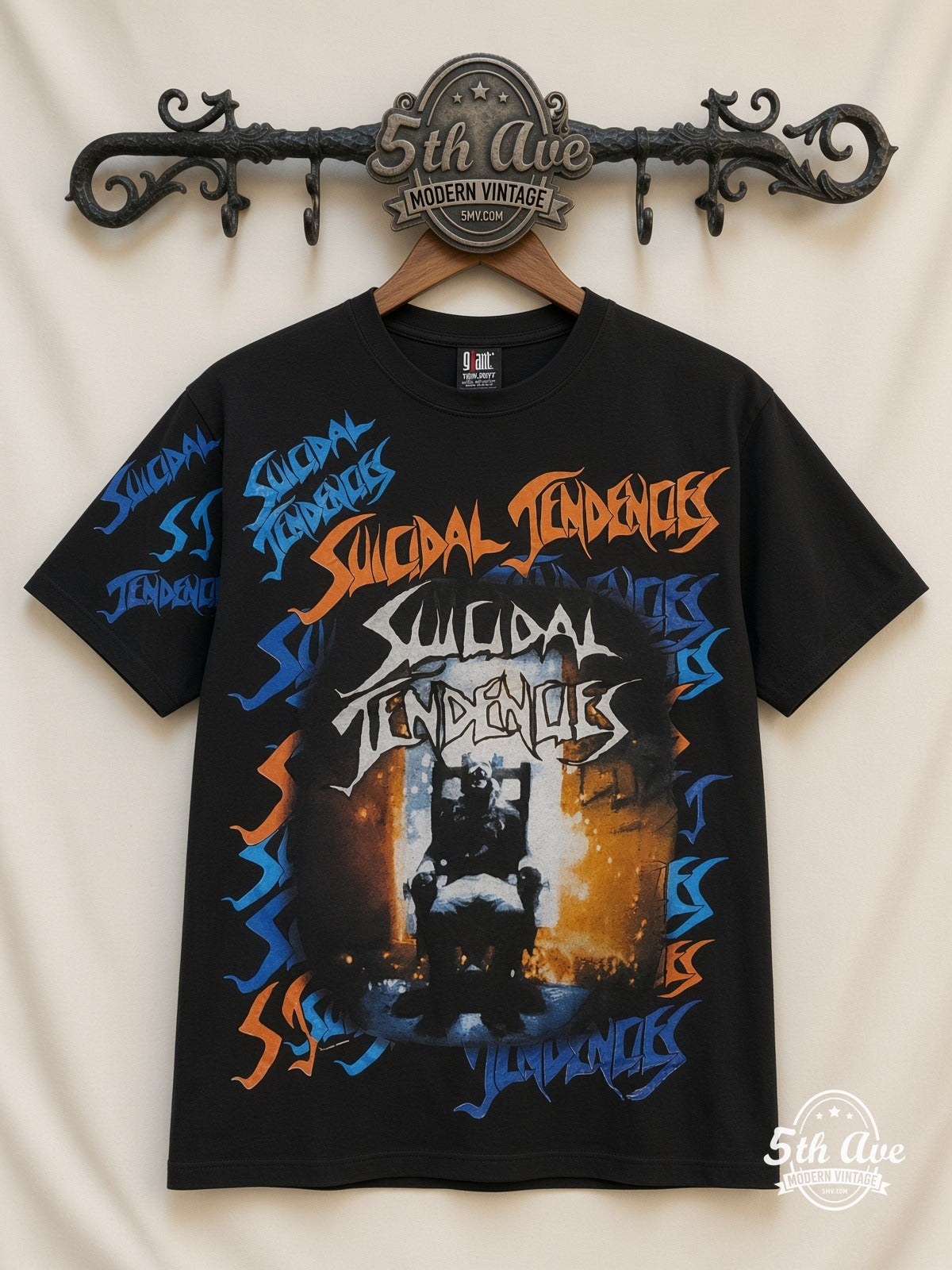 Suicidal Tendencies Logos Skeleton V2 all over print vintage band t-shirt front on cream 5th Ave rack