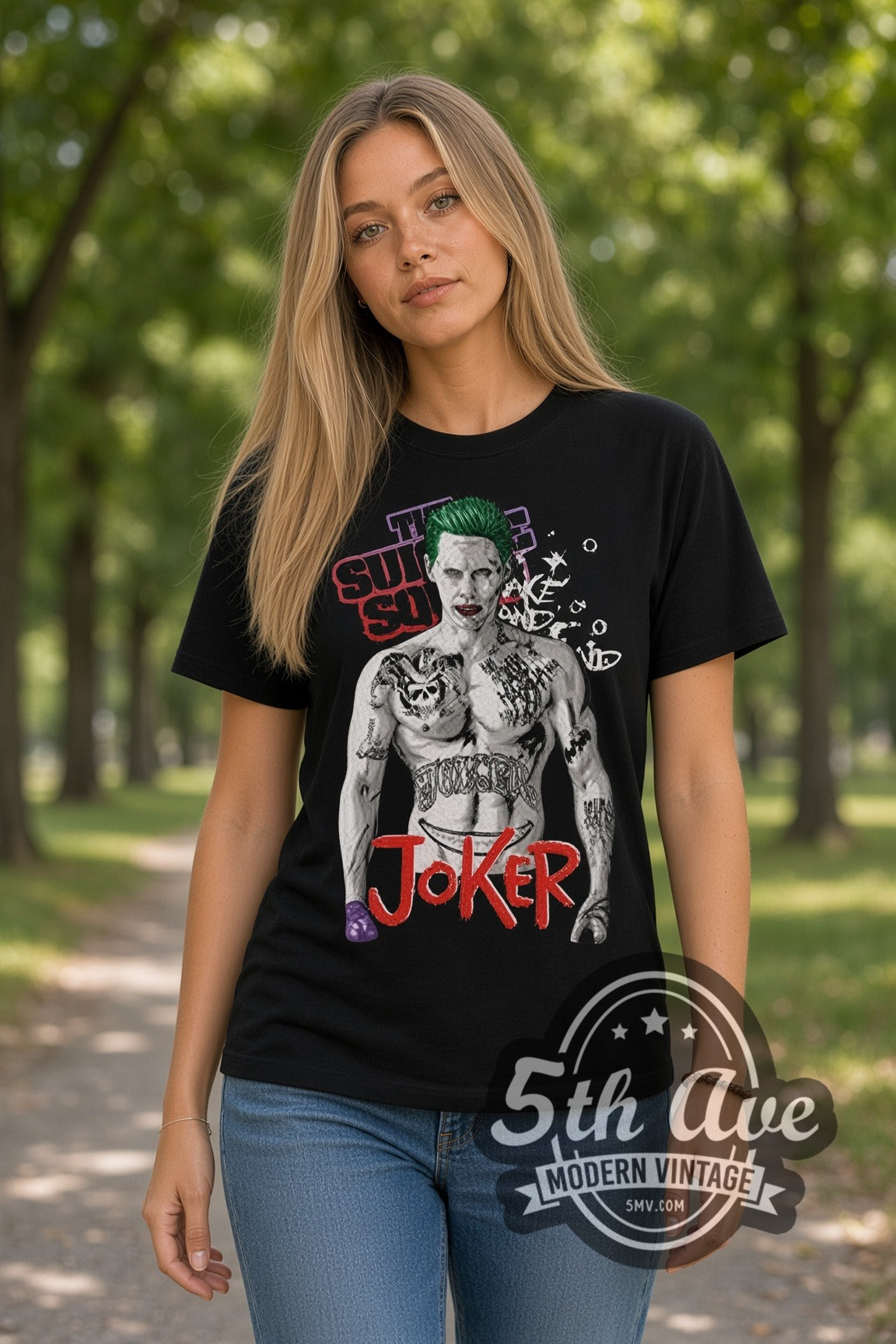 Woman wearing Suicide Squad Jared Leto Joker Tattooed double stitched black graphic tee