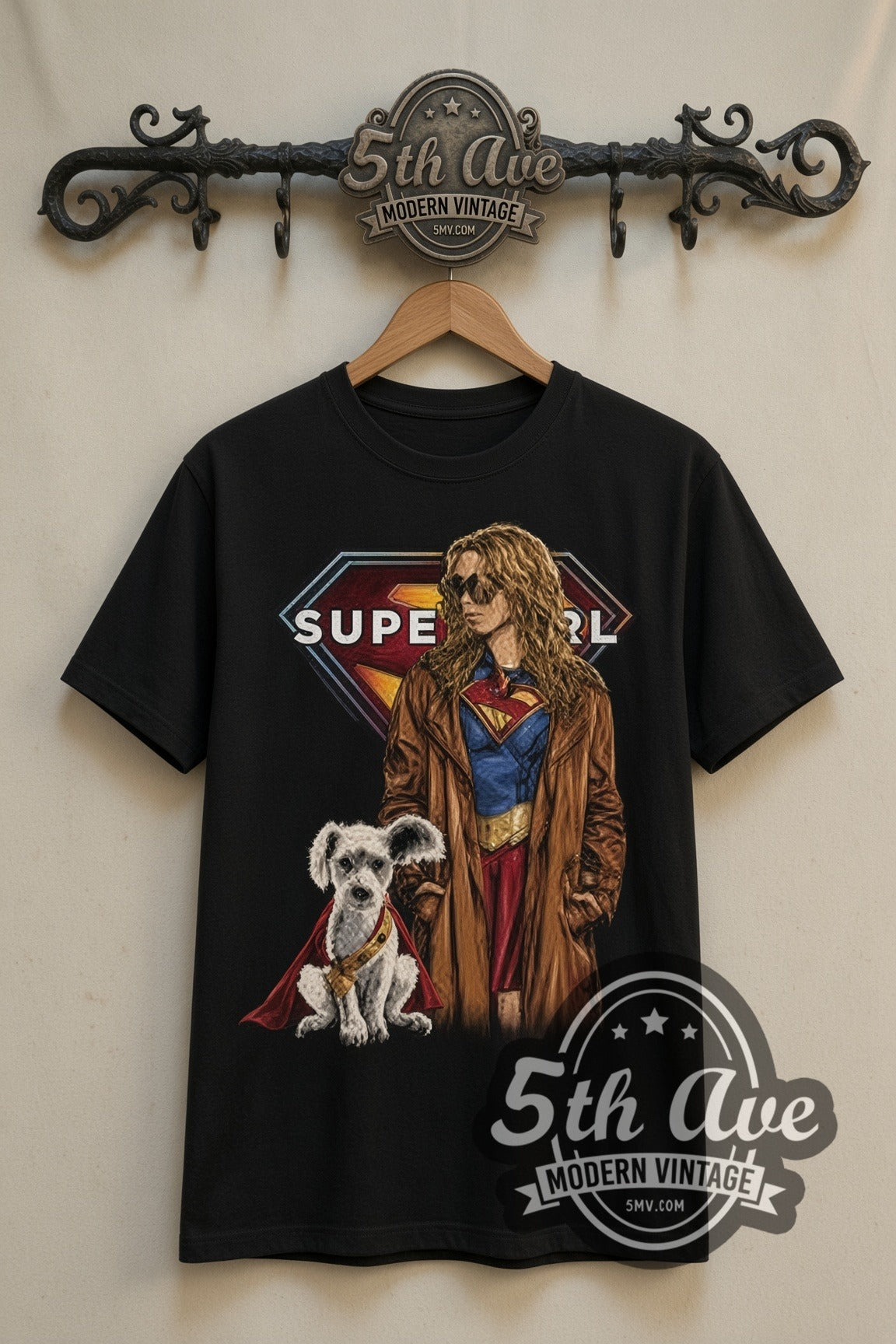 Supergirl Woman of Tomorrow Supergirl with Krypto double stitched black tee front on dark iron 5th Ave rack